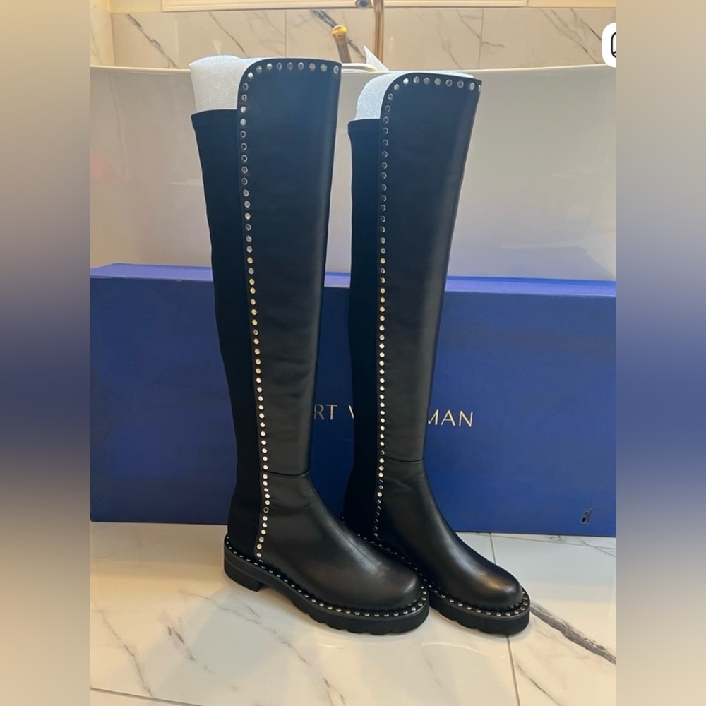 Stuart Weitzman Black Over-the-Knee Studded Boots